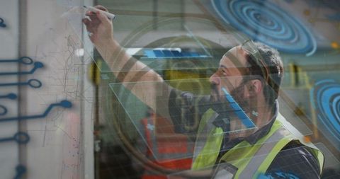 Engineer Drafting Diagrams with Futuristic Hologram Overlays