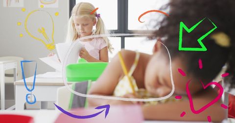 Creative Classroom with Diverse Children Studying Amidst Bright Icons