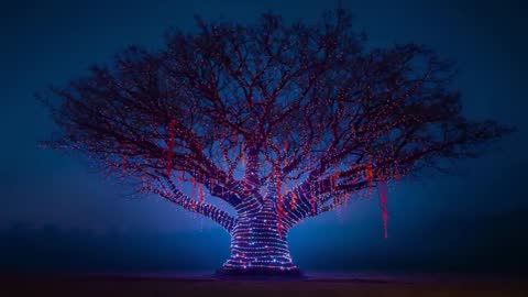 Mystical Oak Tree Illuminated by Enchanting Lights in Misty Evening