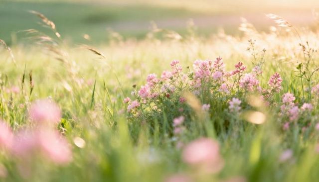 Sunlit meadow blooming with pink wildflowers swaying in golden hour light