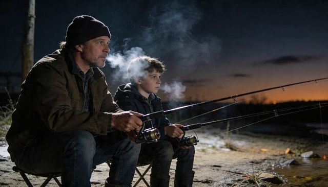 Father and son fishing at dusk, sitting on shore sharing quiet bonding moment