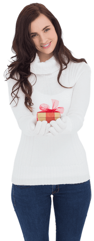 Woman Holding Gift Wrapped in Red Ribbon with Transparent Background