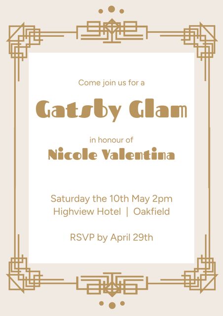 This decorative invitation features an art deco border and vintage-style fonts, perfect for a sophisticated Gatsby-themed event. Ideal for glamorous celebrations, high-class parties, and vintage-themed gatherings. Suitable for print or digital use, this design adds a touch of elegance and class to any occasion.