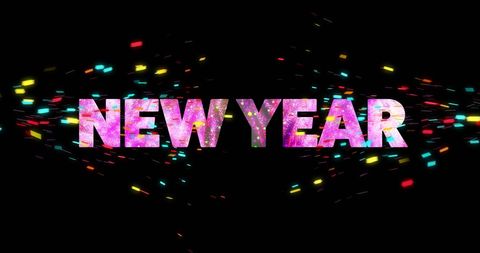 Explosive new year text with vibrant fireworks on black background