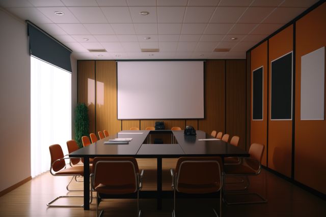 Modern conference room featuring a long table, projector screen, and office chairs. The room has a clean, organized design, perfect for business meetings and corporate presentations. This image is suitable for depicting professional workspaces, business environments, or office settings.