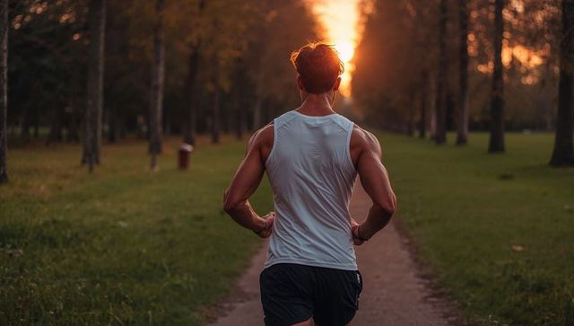 Running man at golden hour on tree-lined park path back view fitness training