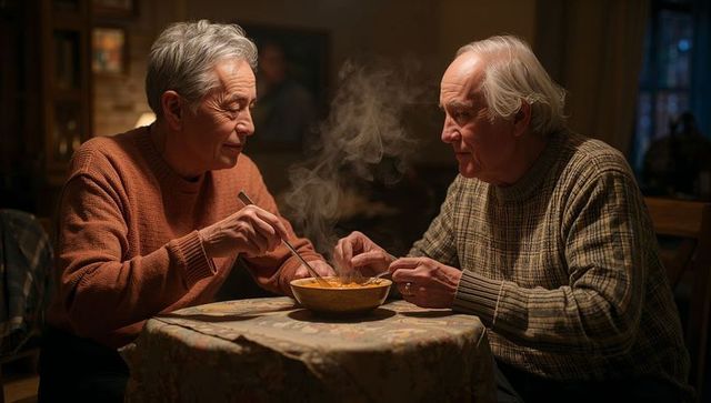 Elderly men sharing steaming soup at cozy table embracing friendship, comfort and warm knit sweaters