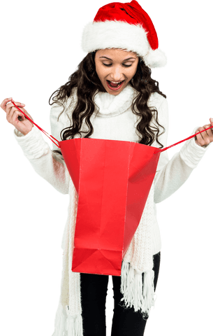 Transparent excited woman in santa hat with red shopping bag