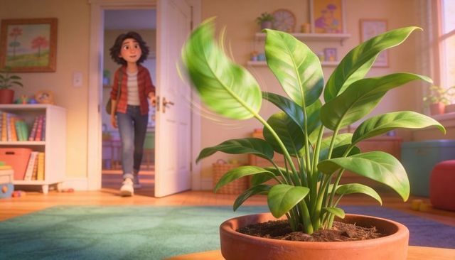 Sunlit kids room with swaying potted plant and teen entering with backpack and plaid shirt