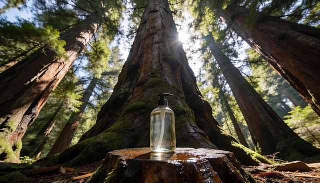 Clear pump bottle on wet stump among towering sequoias with sunbeams and moss