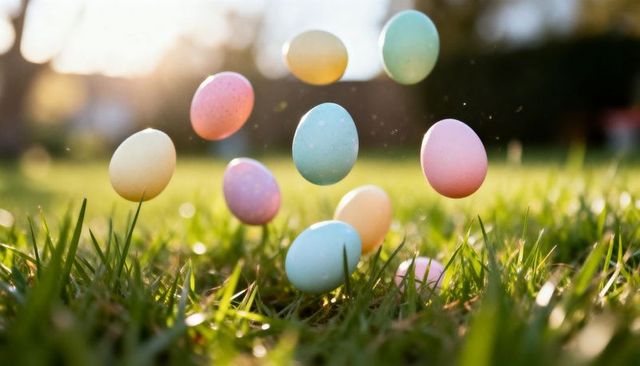 Floating pastel speckled easter eggs hovering over dewy grass with golden hour bokeh glow
