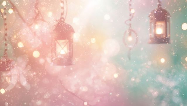 Hanging metal lanterns glowing in pastel bokeh with sparkling lights and soft glow