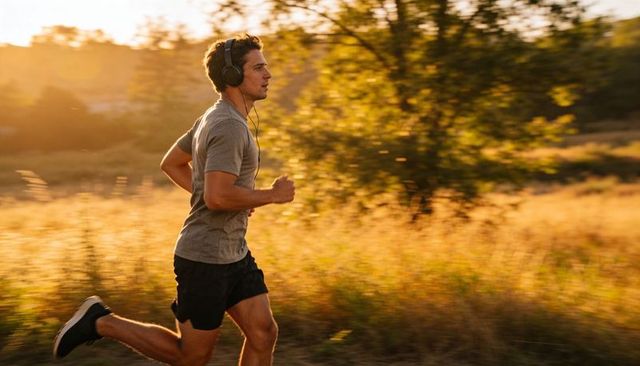 Male runner jogging at golden hour in meadow wearing headphones and athletic gear