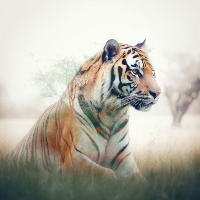 Bengal tiger sitting in grassy field with a misty forest backdrop. Ideal for wildlife conservation campaigns, educational materials, nature documentaries, and animal-themed art prints.