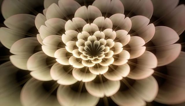 Glowing abstract flower radiating concentric translucent petals with bokeh depth