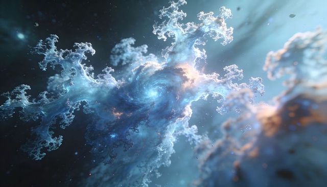 Swirling Luminous Blue Nebula Spiral with Fractal Gas Filaments and Radiant Core Glow