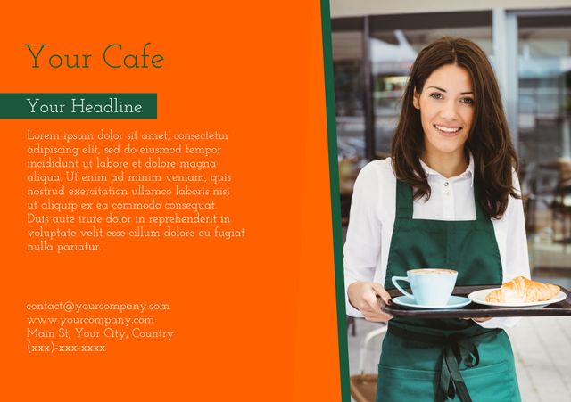 Ideal for promoting cafes, coffee shops, and other food service businesses by showcasing welcoming service. Great for illustrating hospitality, customer interaction, and inviting atmospheres suitable for marketing campaigns, website banners, or restaurant menus.