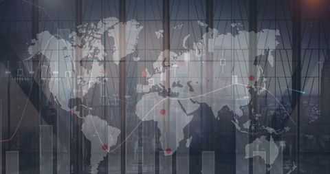 Global Networking Analytics with World Map and Cityscape - Download Free Stock Images Pikwizard.com