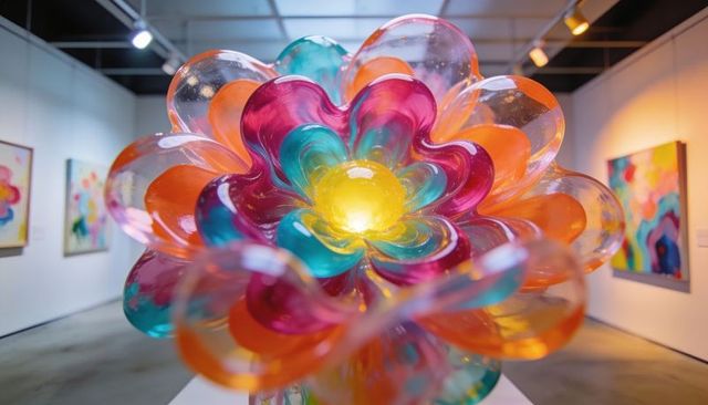 Glowing translucent glass flower sculpture radiating vibrant light in contemporary gallery