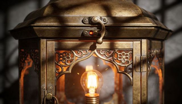 Ornate brass lantern casting filigree shadows, edison filament lamp glowing with patina
