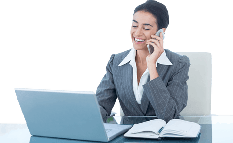Businesswoman on Transparent Call Using Laptop in Office