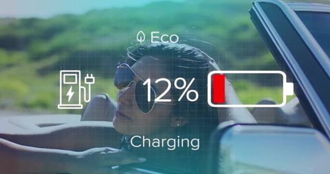 Woman Driving Convertible with Eco Charging Display Overlay