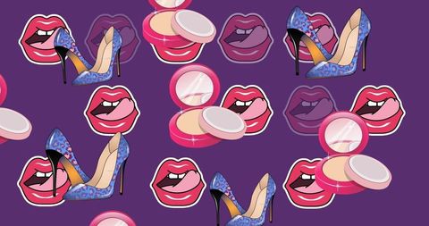 Trendy fashion and makeup icons on vibrant purple background