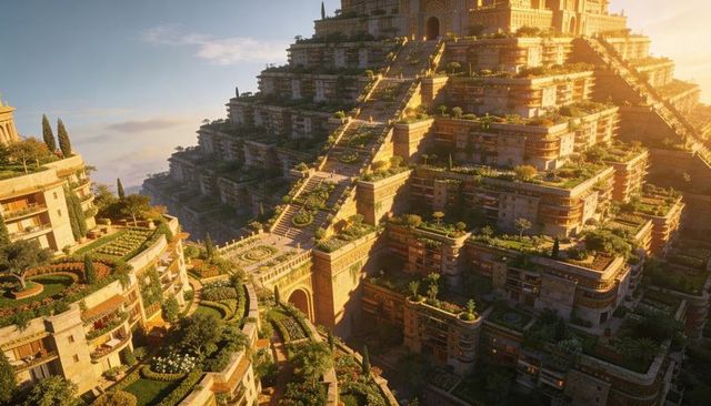 Golden hour terraced sandstone city with lush rooftop gardens and grand stairways