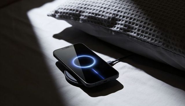 Wireless charging smartphone on bed showing glowing circular power animation beside pillow
