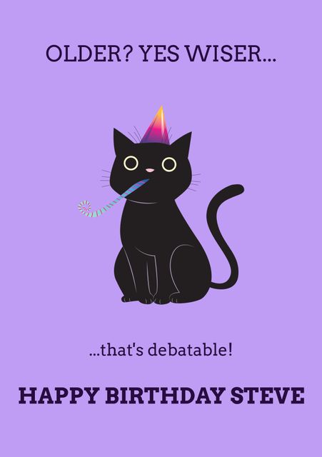 Ideal for sending playful birthday wishes, this card features a whimsical black cat with a party hat and festive elements against a vibrant purple background. Perfect for adding a touch of humor to someone's special day.
