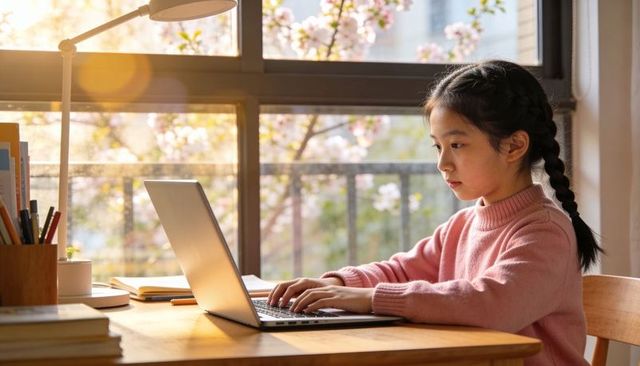 Young child studying on laptop at sunlit desk with blossom view and study materials