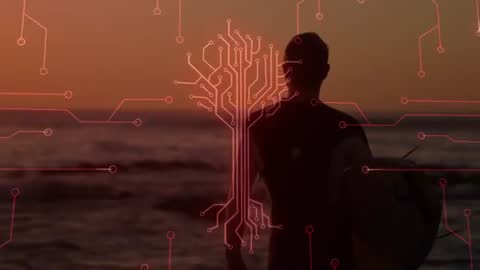 Surfer Walking Towards Ocean with Futuristic Digital Overlay