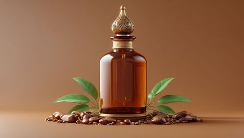 Luxury amber bottle with gold cap and sandalwood essence surrounded by coffee beans