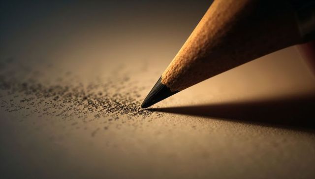 Macro pencil tip scattering graphite dust on textured paper with warm shadow and bokeh