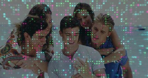 Young Friends Watching Smartphone at Beach with Digital Overlay