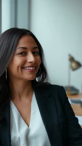 Vertical video: Confident businesswoman smiling and looking out window at desk in office