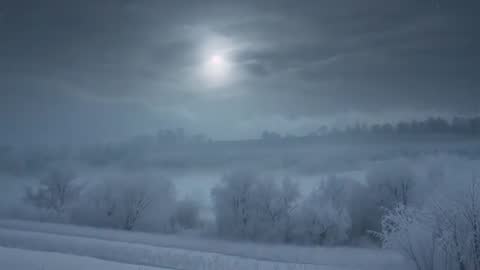 Moonlit Winter Night with Drifting Fog and Frosted Trees, Misty Rural Landscape Video