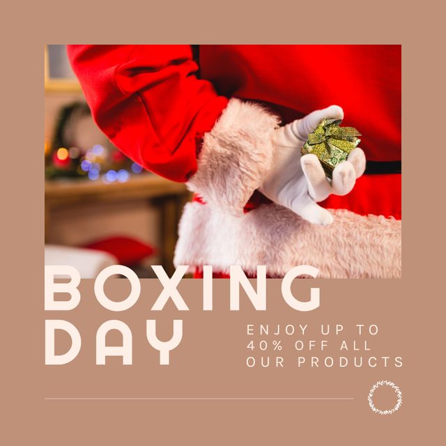 Image of Santa holding a small, wrapped gift while promoting Boxing Day sales. Perfect for holiday sales banners, Christmas-themed promotions, and marketing campaigns aimed at festive shopping seasons. Suitable for use in both online and offline advertising materials to attract customers during the Christmas and Boxing Day period.