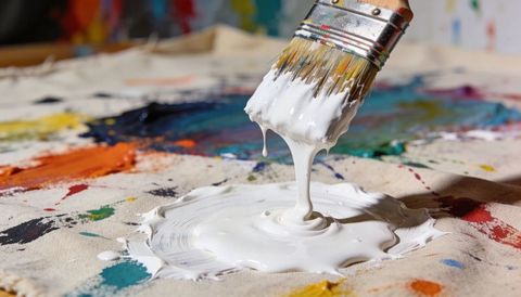 Dripping White Paint from Flat Bristle Brush Creating Glossy Pool on Colorful Canvas