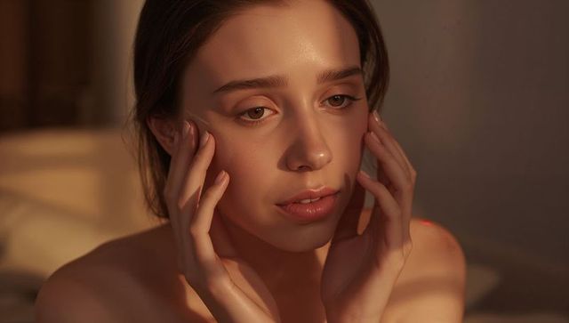 Gazing adult female touching face, golden hour portrait with blinds shadowplay and soft light