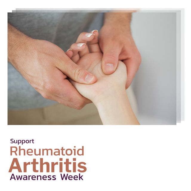Composite of caucasian man massaging woman's hand and support rheumatoid arthritis awareness week. Text, together, pain, disease, joints, autoimmune, healthcare, awareness and prevention concept.