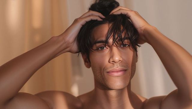 Sunlit shirtless male running fingers through hair, closeup portrait of confident grooming