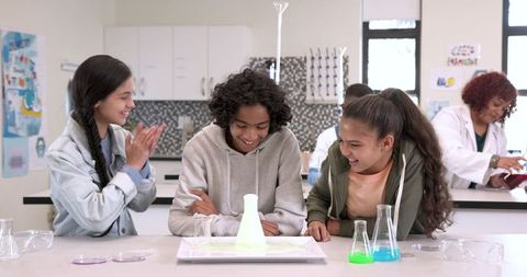Teenagers exploring science experiment with enthusiasm
