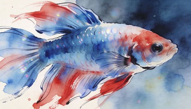 Gliding betta watercolor with iridescent blue and red fins, flowing brushwork