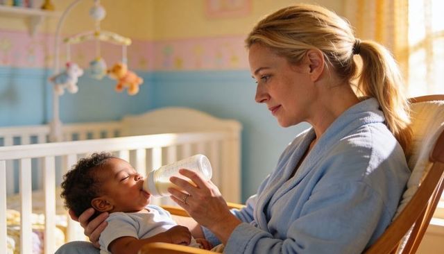 Woman feeding infant on wooden rocker in sunlit nursery, bonding and caregiving moment