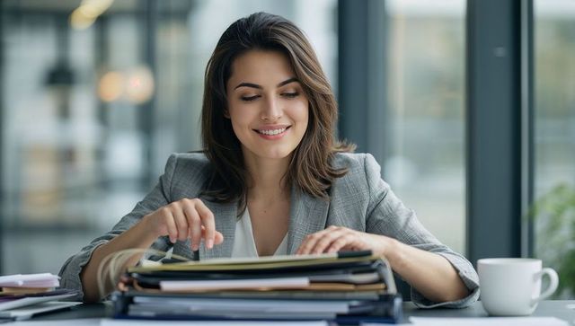 Confident professional organizing paperwork and binders at modern office desk