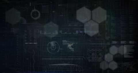 Abstract Digital Interface with Hexagonal Patterns and Data Visualizations