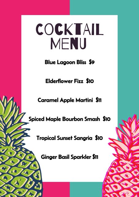 Digital illustration featuring cocktail menu with vibrant pineapple illustrations on pink, blue, and white background. Might be used by bars or restaurants to present their drink offerings with a modern, summer theme. Suitable for marketing materials, promotional posters, or social media graphics to attract customers with its eye-catching design.