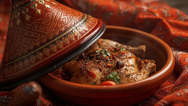 Steaming moroccan chicken tagine roasting with olives, herbs and spices in terracotta dish