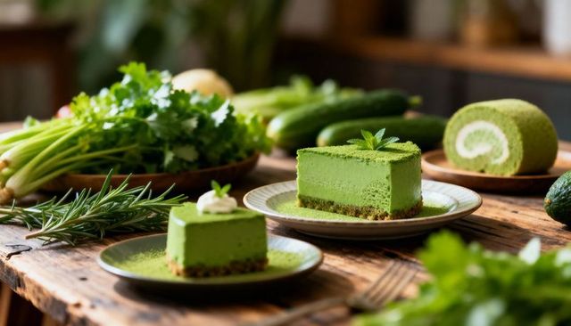 Artisanal matcha desserts on rustic wooden table featuring sliced cheesecake and roll cake